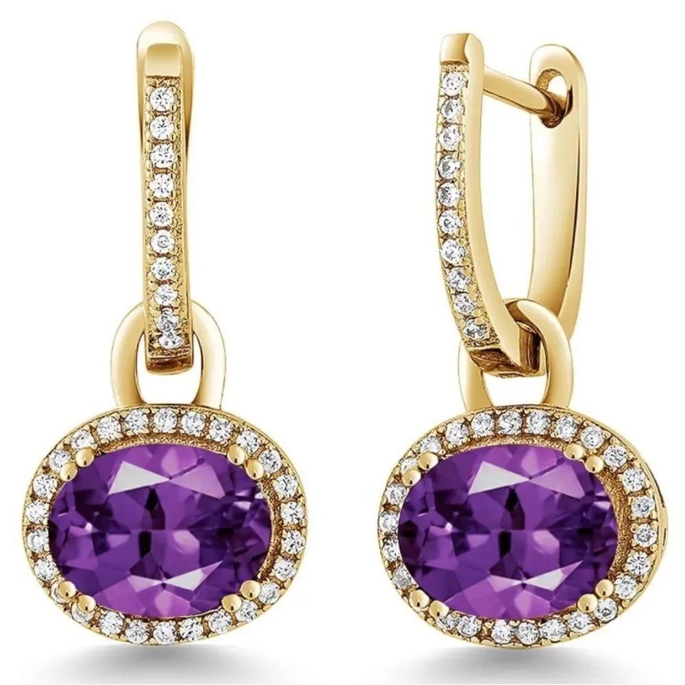 18K Yellow Gold 925 with 4.16 Cttw Amethyst Oval Dangling French Lock Earrings